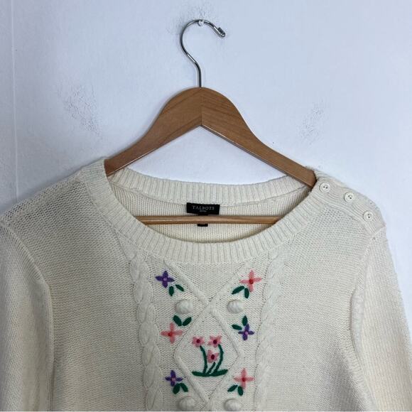 Talbots Ivory Cableknit Floral Embroidered Pom Pom Sweater Size LP - Picture 3 of 12
